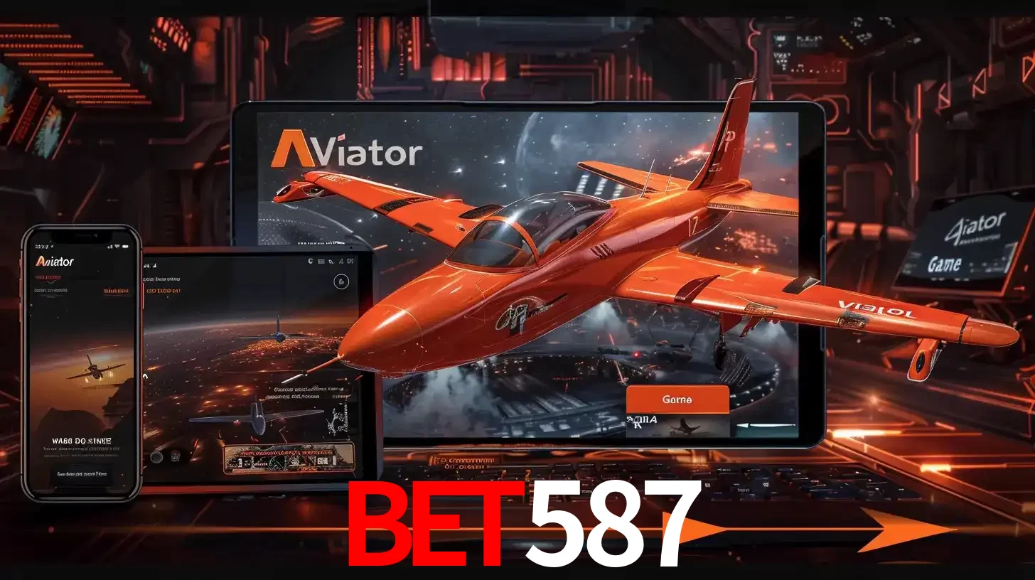 Apresentação tecnológica do jogo Aviator com um avião saindo da tela de um tablet, demonstrando a experiência imersiva em múltiplos dispositivos no bet587.