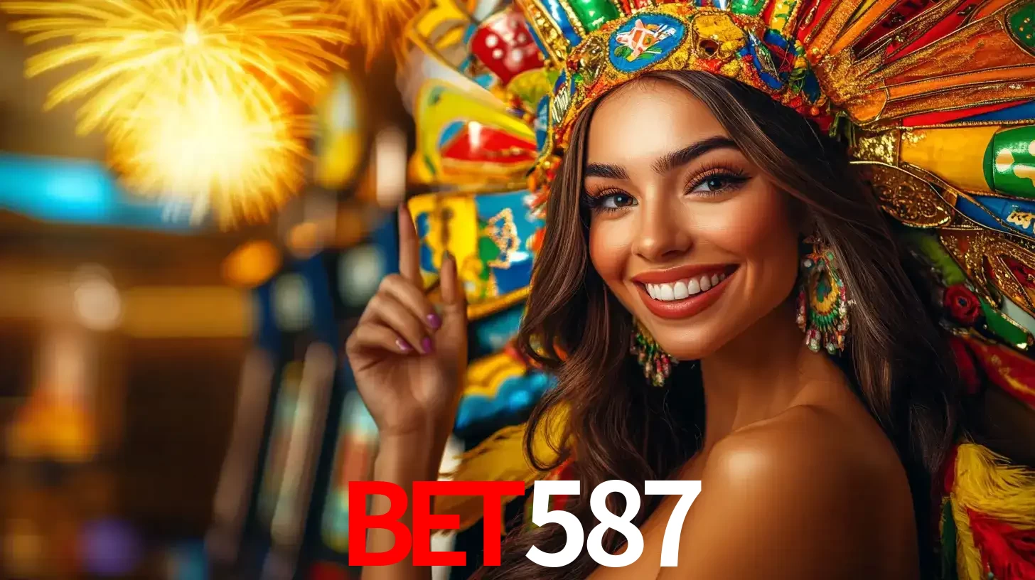 Mulher sorridente com um cocar de carnaval vibrante e colorido, celebrando uma grande vitória nos jogos do cassino bet587 com fogos de artifício ao fundo.