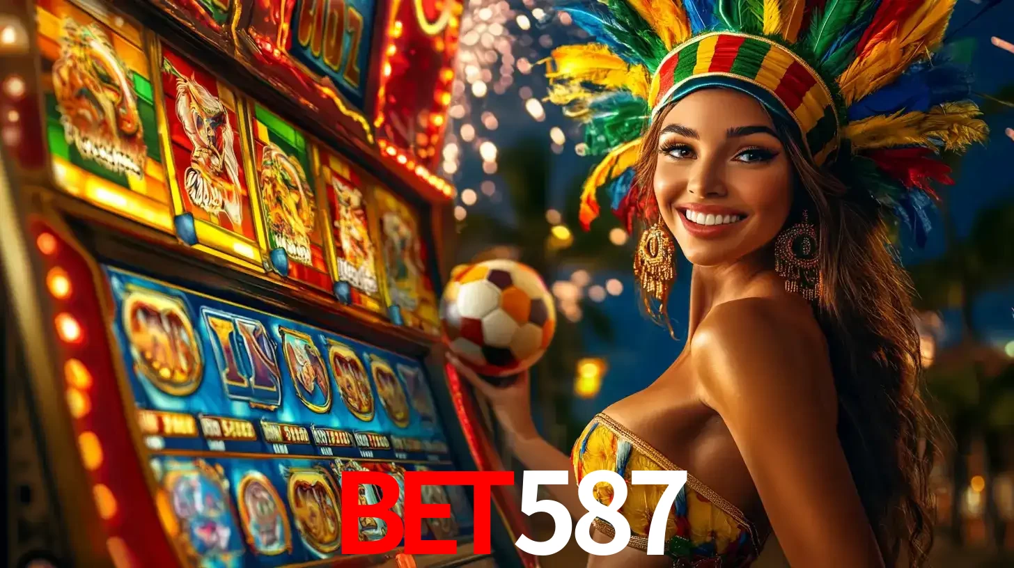 Mulher com um cocar de carnaval ao lado de uma máquina de caça-níqueis enquanto segura uma bola de futebol, mostrando a união da diversão de cassino e esportes no bet587.