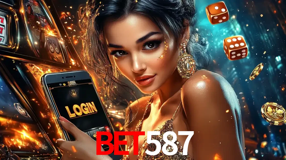 Mulher glamourosa segurando um celular com a tela de login do cassino bet587, rodeada por dados e moedas douradas, pronta para começar a diversão.