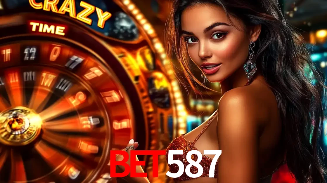 Mulher ao lado da roda de prêmios do jogo de cassino ao vivo Crazy Time, um dos shows de jogos mais emocionantes oferecidos pela plataforma de apostas bet587.