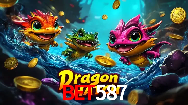 Arte promocional do jogo Dragon Hatch com três adoráveis dragões bebês nadando entre moedas de ouro, um dos slots mais divertidos para jogar no cassino bet587.