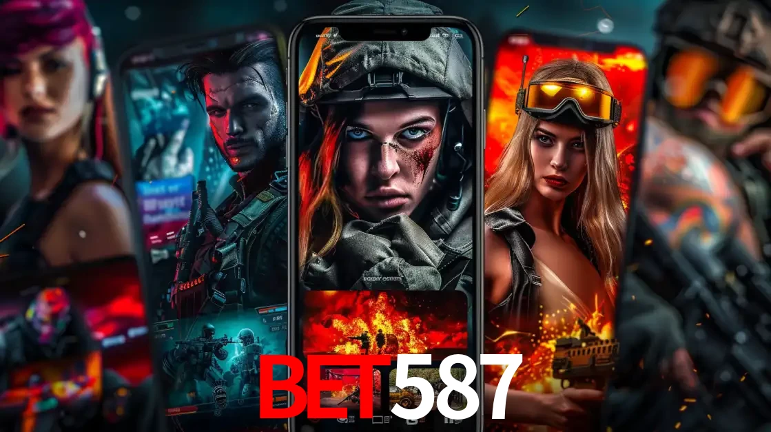 Montagem de telas de celular mostrando diversos personagens, masculinos e femininos, de um jogo de tiro, ilustrando a diversidade de equipes de e-sports para apostar no bet587.