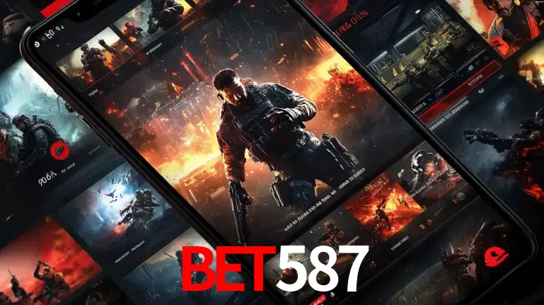 Tela de um celular exibindo uma galeria de jogos de tiro com temática militar, mostrando a variedade de e-sports disponíveis para apostas na plataforma de entretenimento bet587.
