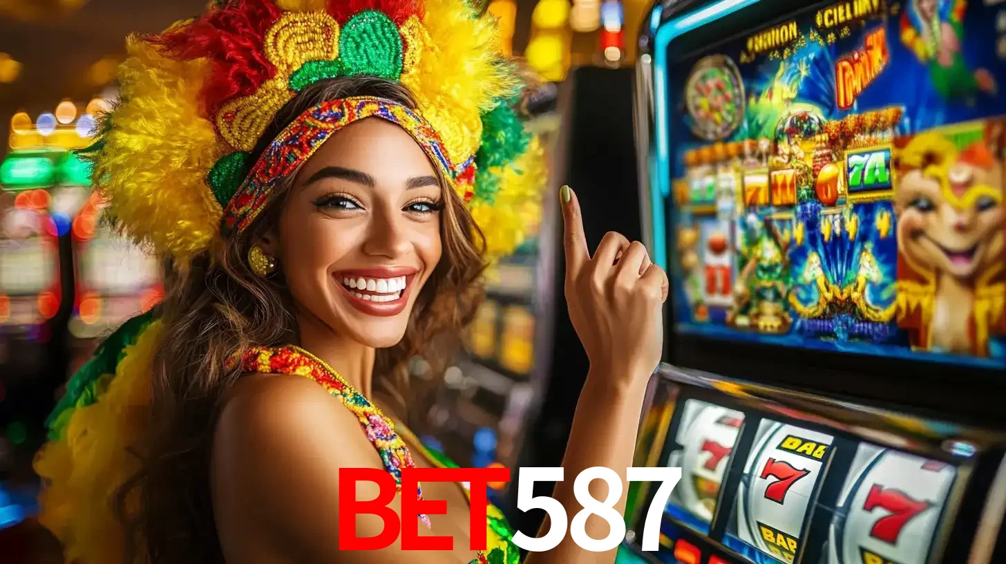 Mulher animada com um cocar de carnaval apontando para uma máquina de caça-níqueis, mostrando a emoção de ganhar um grande prêmio nos jogos do bet587.