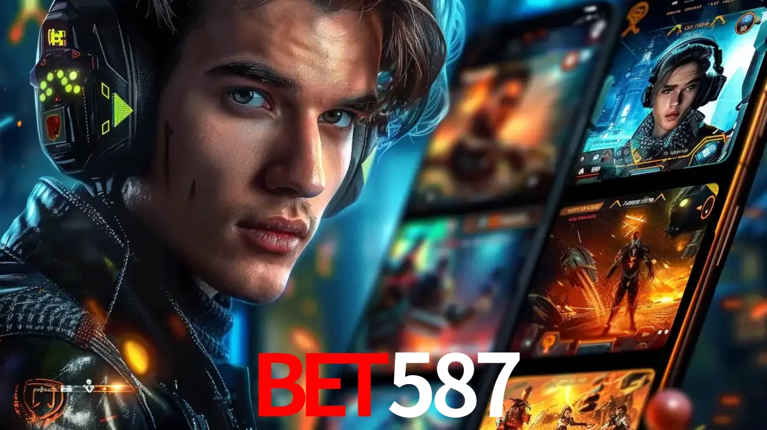 Jovem jogador com fones de ouvido olhando para a câmera, com um aplicativo de jogos e e-sports para celular ao fundo, pronto para a competição e apostas no bet587.