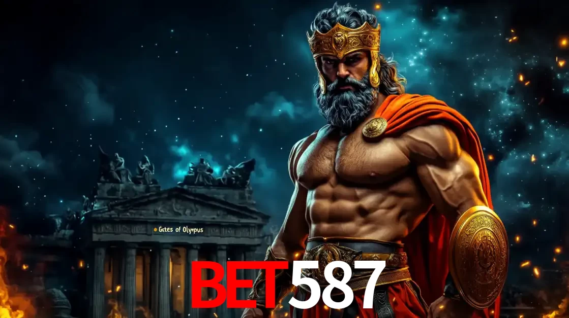 O poderoso Zeus do jogo de slot Gates of Olympus em frente ao seu templo, pronto para lançar multiplicadores divinos e prêmios épicos no cassino online bet587.