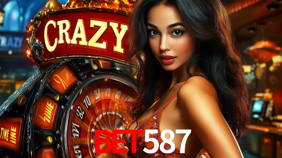 Mulher glamourosa olhando para a câmera com a roda vermelha do Crazy Time ao fundo em um ambiente de cassino, destacando a emoção dos jogos ao vivo no bet587.