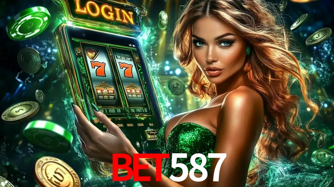 Mulher com tema verde apresentando o aplicativo do cassino bet587 com um jogo de slot de 777, cercada por fichas de cassino e uma aura de sorte.