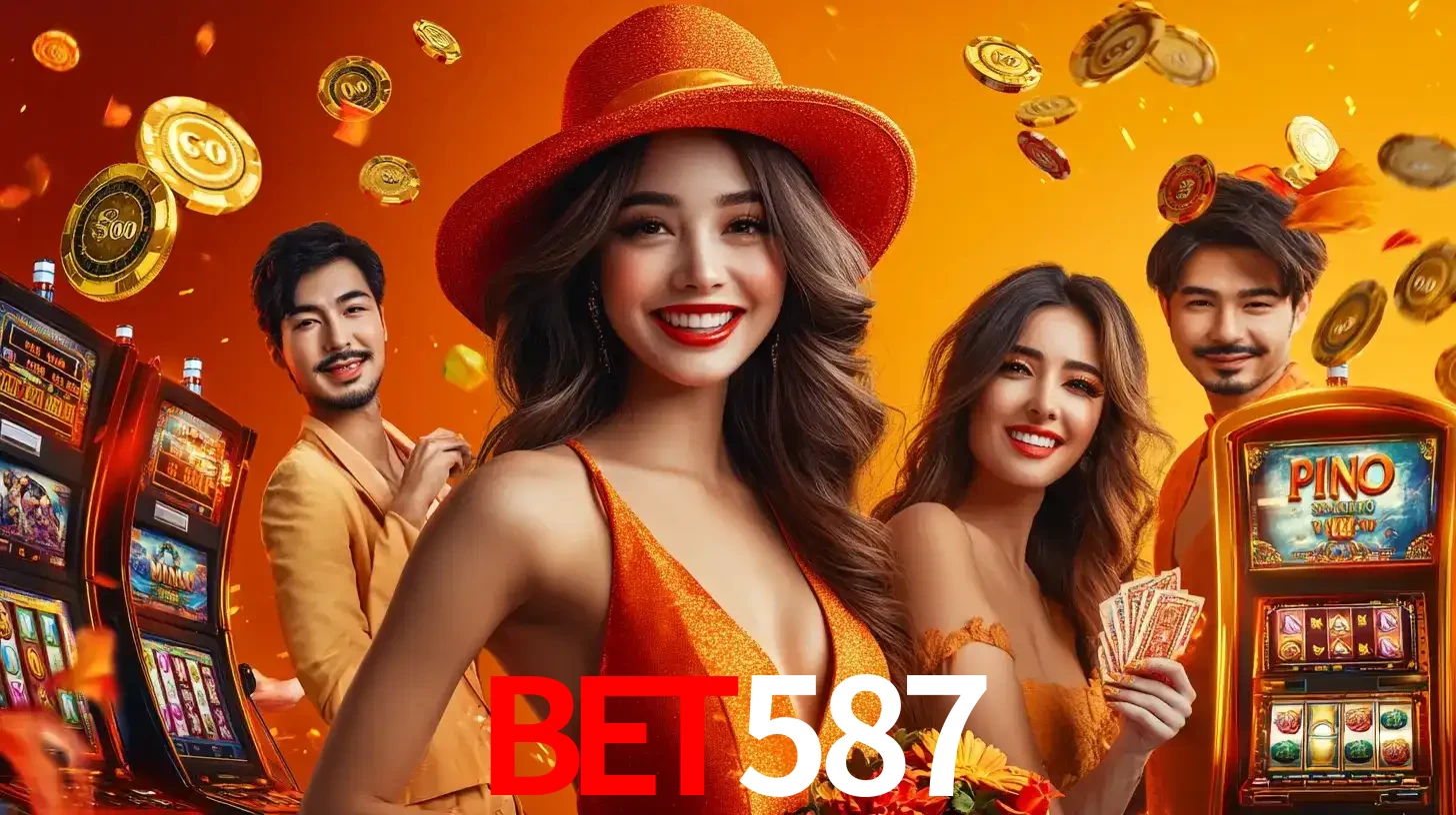 Grupo de amigos asiáticos sorrindo e se divertindo com máquinas de caça-níqueis em um ambiente festivo, celebrando suas vitórias nos jogos de cassino do bet587.