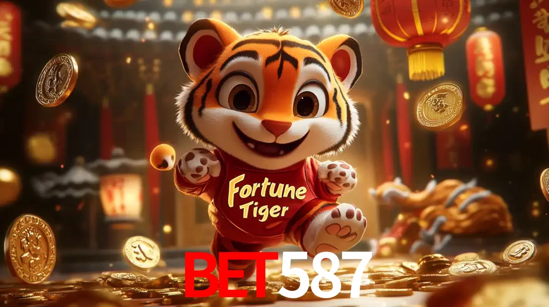 O alegre personagem do Fortune Tiger correndo sobre um caminho de moedas de ouro, simbolizando os grandes prêmios e a diversão do popular jogo de slot do bet587.