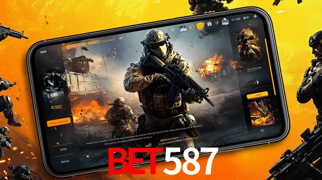 Um smartphone exibindo a interface de um jogo de tiro em primeira pessoa, com um soldado em um cenário de batalha, representando a ação dos e-sports para apostar no bet587.
