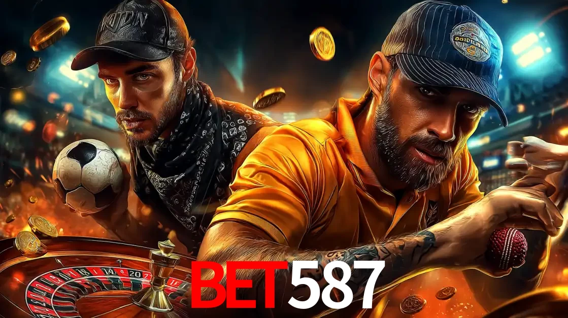 Montagem de apostas esportivas e cassino no bet587, com um homem segurando uma bola de futebol e outro uma de beisebol sobre uma roleta e moedas voadoras.