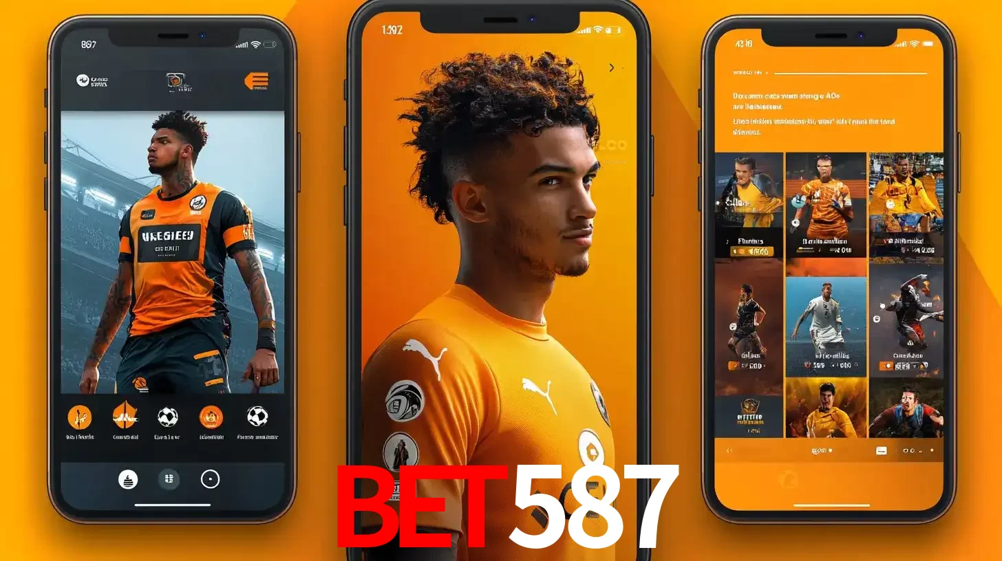 Interface do aplicativo de apostas esportivas bet587 em três telas de celular, mostrando o perfil de um jogador de futebol e a lista de jogos disponíveis para apostar.