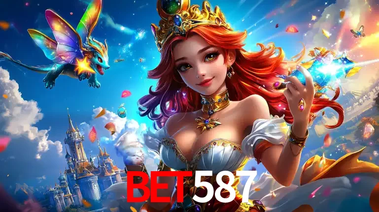 A princesa de um reino de fantasia mágico, com seu pequeno dragão, apresentando um mundo de prêmios encantados nos jogos de caça-níqueis do cassino bet587.