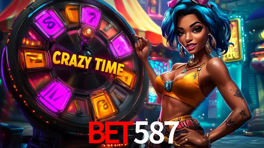 Mulher estilizada com cabelo azul e visual vibrante posando ao lado da roda de prêmios do game show Crazy Time, convidando para a diversão e os bônus do cassino bet587.