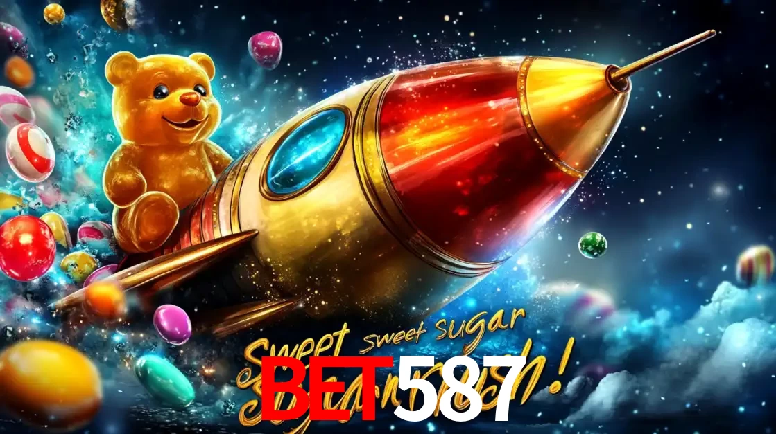 Arte promocional do jogo de slot Sugar Rush, com um urso de pelúcia em um foguete viajando pelo espaço de doces, um dos jogos divertidos disponíveis no cassino bet587.