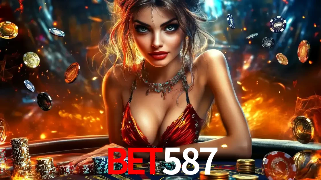 Mulher em uma mesa de cassino com pilhas de fichas e um fundo de fogo, pronta para uma rodada de altas apostas nos jogos de mesa emocionantes do cassino bet587.