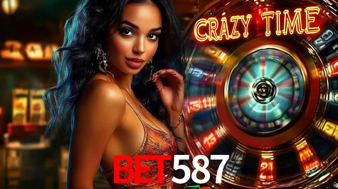 Mulher elegante ao lado da vibrante roda da fortuna do jogo de cassino ao vivo Crazy Time, um dos game shows mais populares e cheios de prêmios do bet587.