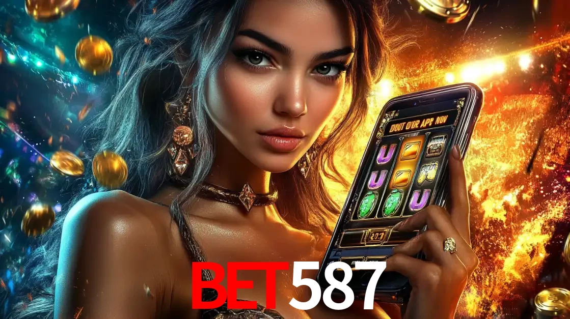 Mulher elegante mostrando um jogo de caça-níqueis em seu smartphone, destacando a experiência de cassino móvel oferecida pelo aplicativo bet587.