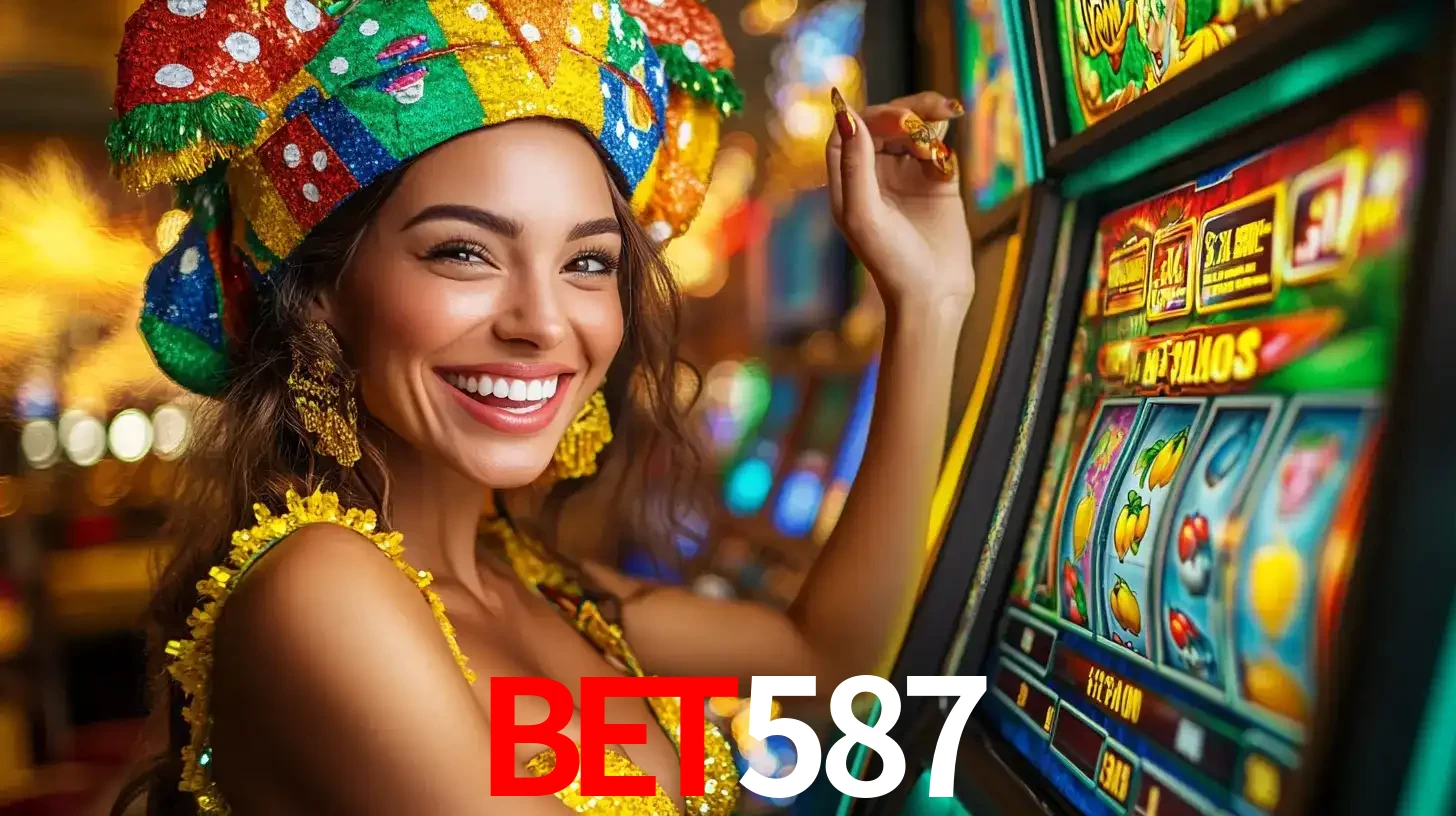 Mulher feliz com traje de carnaval amarelo e colorido ao lado de uma máquina de caça-níqueis, aproveitando a diversão e os jogos temáticos do cassino bet587.