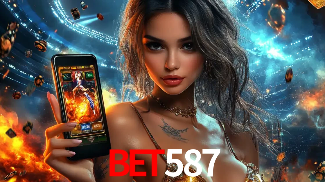 Mulher segurando um celular com um jogo de slot em destaque, tendo como fundo um estádio vibrante, simbolizando a emoção de jogar no cassino móvel bet587.