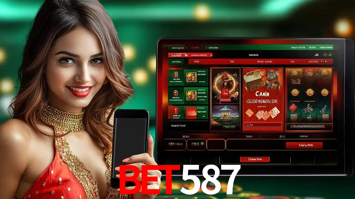 Mulher sorridente segurando um smartphone, ao lado de uma tela exibindo o lobby de jogos do cassino online bet587, com várias opções de jogos de cartas e slots.